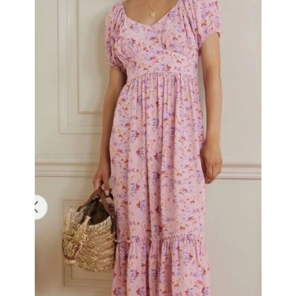 NEW! LoveShackFancy 6 Angie SILK Midi Dress Milkmaid Puff Shoulder Floral Pink - Picture 9 of 15